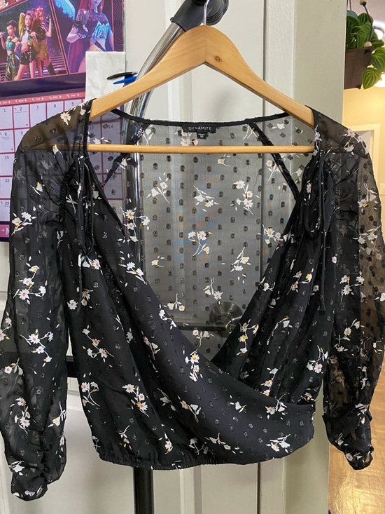Dynamite Tops - Dynamite Black Floral Sheer Wrap Top